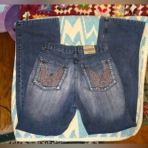 Y2K Vintage 2008 Vulcano Flared Jeans with embroidered wings on back pocket 28
